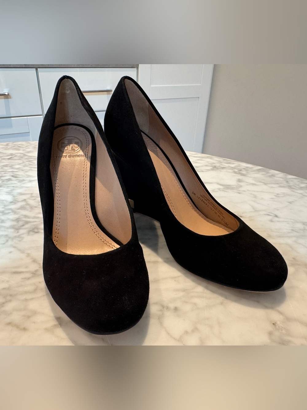 Tory Burch Astoria Black Suede Wedge Pumps with Gold Logo Heel Size 5.5